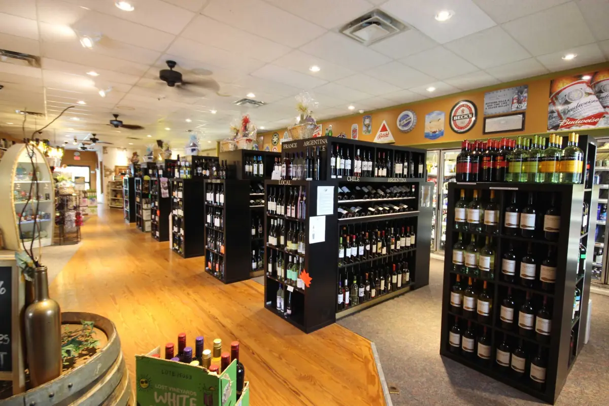 Wine aisles inside Cork & Brew in Cranston, RI